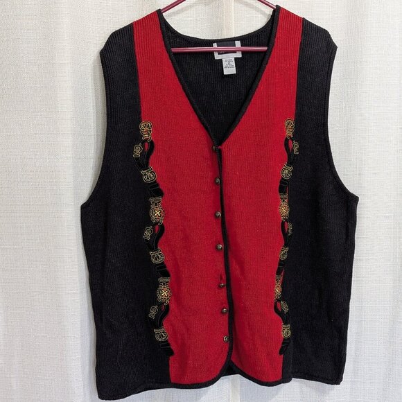 Vintage Maggie Barnes Knit Sweater Vest 2x Black & Red Button Down V-neck - Picture 1 of 9
